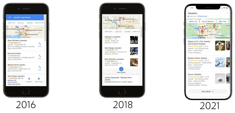 عکس سه گوشی آیفون که تغییر در نحوه نمایش صفحه نتایج گوگل از سال 2016 تا 2021 را نشان می دهد