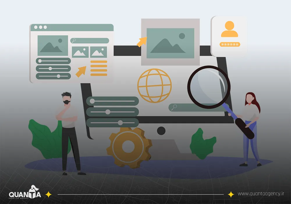 وکتوری با پس زمینه سفید که یک خانم با ذره بین که روی مانیتور گرفته ایستاده و سمت چپ که یک آقا در حال فکر کردن ایستاده و المان تصویر و کره تنظیمات در تصویر وجود دارد