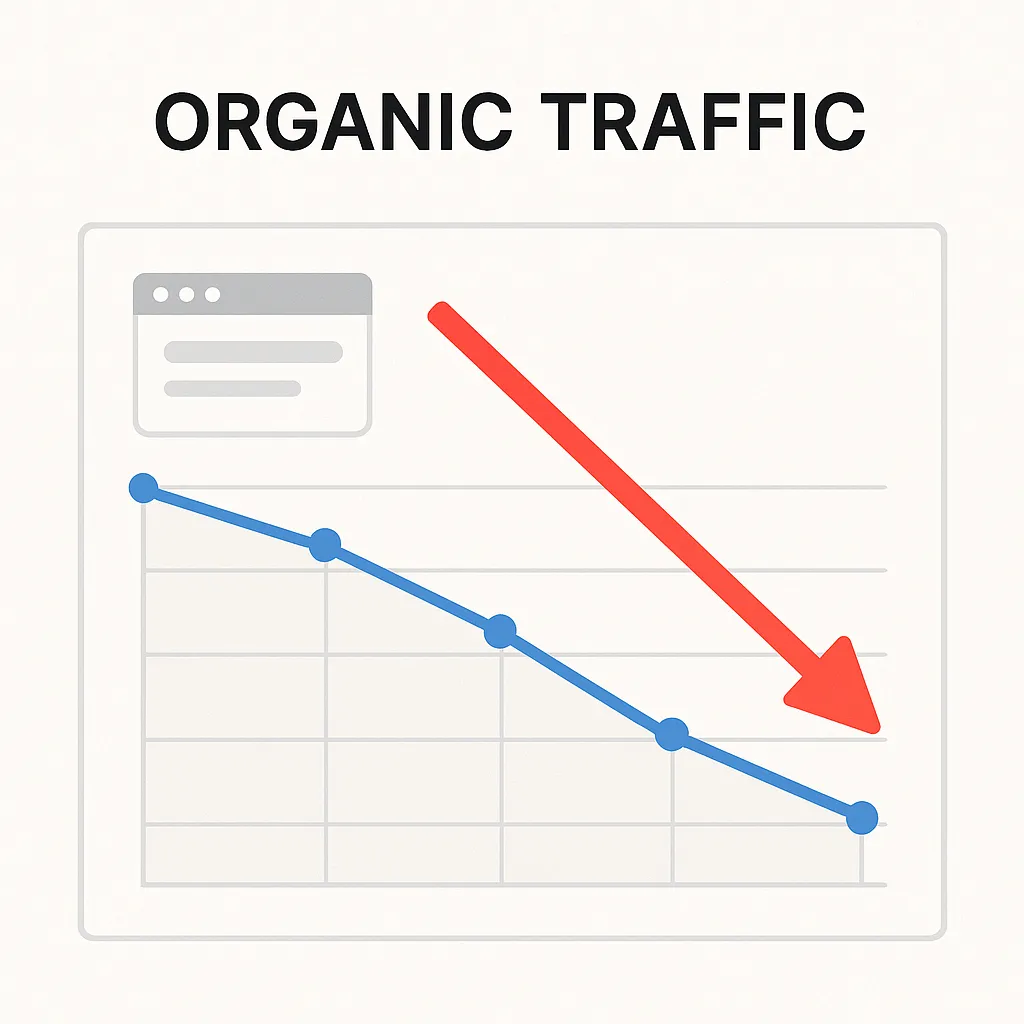 نمودار خطی نزولی در سرچ کنسول که کاهش ترافیک ارگانیک سایت را نشان می‌دهد.